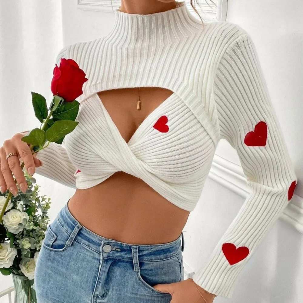 Heart Embroidery Twist Front Cut Out Crop Sweater_4